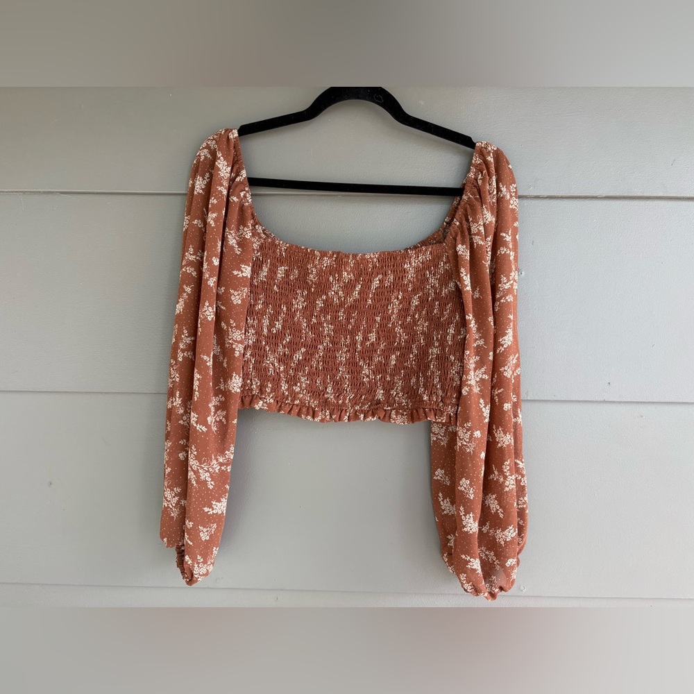 Altar’d State Brown Floral Smocked Long Sleeve Peasant Top